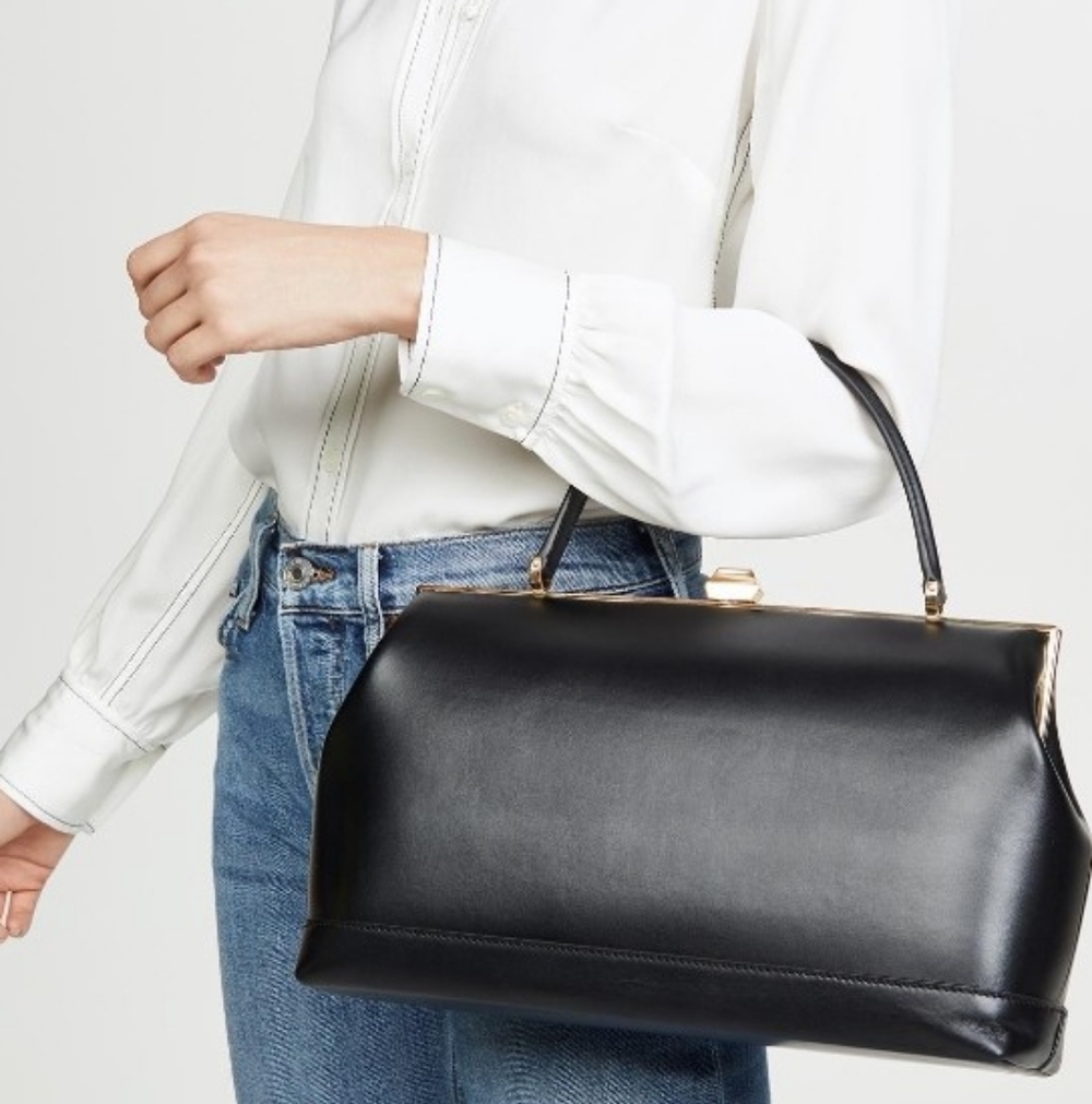 Anine Bing Elly Gold Frame Satchel Bag, Black Leather